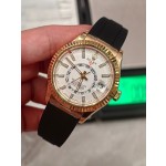 Navigator series men's watch, white dial, rose gold bezel, 42mm, rubber strap.