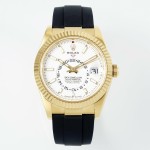 Navigator series men's watch, white dial, gold bezel, 42mm, rubber strap.