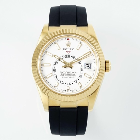 Navigator series men's watch, white dial, gold bezel, 42mm, rubber strap.