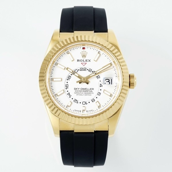 Navigator series men's watch, white dial, gold bezel, 42mm, rubber strap.