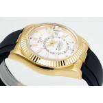 Navigator series men's watch, white dial, gold bezel, 42mm, rubber strap.