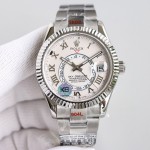 Navigator series men's watch, Roman numerals, white dial, silver bezel, 42mm, silver Oyster bracelet.