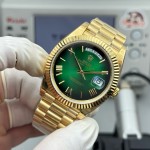 Sunday Calendar series men's watch with gradient green dial, gold bezel, 40mm case, and gold President-style bracelet.