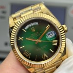 Sunday Calendar series men's watch with gradient green dial, gold bezel, 40mm case, and gold President-style bracelet.