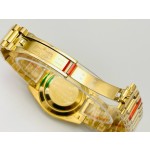 Sunday date display series men's watch, green dial, gold bezel, 40mm, gold President-style bracelet.