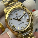 Sunday Calendar series men's and women's watches, white dial, gold bezel, 36mm and 40mm sizes, gold President-style bracelet.
