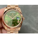 Sunday date display series men's watch, olive green dial, rose gold bezel, 40mm, rose gold President-style bracelet.