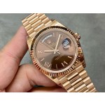 Sunday date display series men's watch, chocolate dial, rose gold bezel, 40mm, rose gold President-style bracelet.