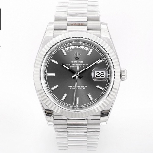 Sunday date display series men's watch, slate gray dial, silver bezel, 40mm, silver President-style bracelet.