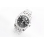 Sunday date display series men's watch, slate gray dial, silver bezel, 40mm, silver President-style bracelet.