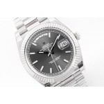 Sunday date display series men's watch, slate gray dial, silver bezel, 40mm, silver President-style bracelet.