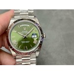 Sunday date display series men's watch, olive green dial, silver bezel, 40mm, silver President-style bracelet.