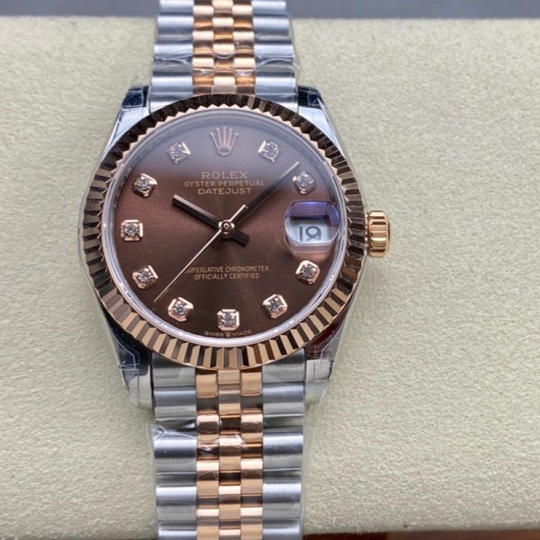 Datejust series, brown dial, 31mm, rose gold two-tone strap