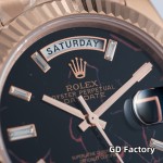 Sunday calendar series men's watch with hematite quartz dial, rose gold bezel, 40mm case, and rose gold President-style bracelet.