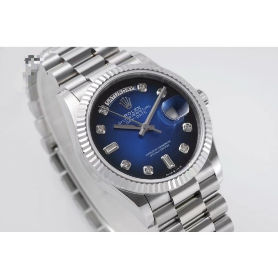 Sunday date display series women's watch, gradient blue dial, silver bezel, 36mm, silver President-style bracelet.
