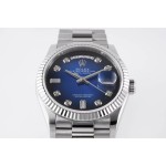 Sunday date display series women's watch, gradient blue dial, silver bezel, 36mm, silver President-style bracelet.