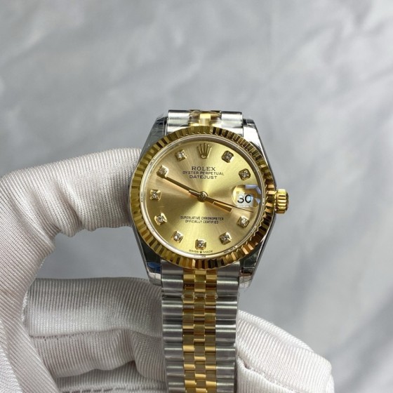 Datejust series, gold dial, 31mm, gold and silver two-tone strap.