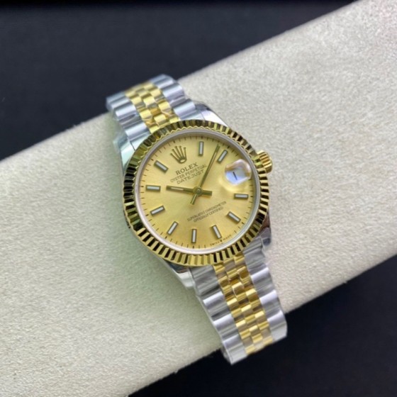 Datejust series, gold dial, 31mm, gold and silver two-tone strap.