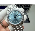 Sunday date display series men's watch, ice blue dial, diamond-set bezel, 40mm, silver President-style bracelet.