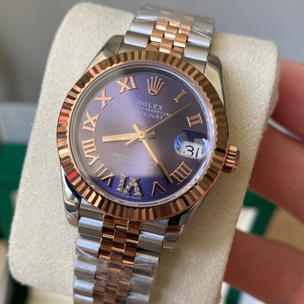 Datejust series, 31mm purple dial, rose gold and silver two-tone strap.