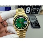 Sunday date display series women's watch with gradient green dial, gold bezel, 36mm case, and gold President-style bracelet.
