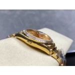 Sunday Calendar series men's and women's watches, gold dial, diamond-set bezel, 36mm and 40mm sizes, gold President-style bracelet.