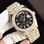 Sunday date display series women's watch with hematite-colored dial, diamond-set bezel, 36mm rose gold President-style bracelet.