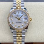 Datejust series, 31mm mother-of-pearl dial with diamonds, two-tone gold and silver strap.