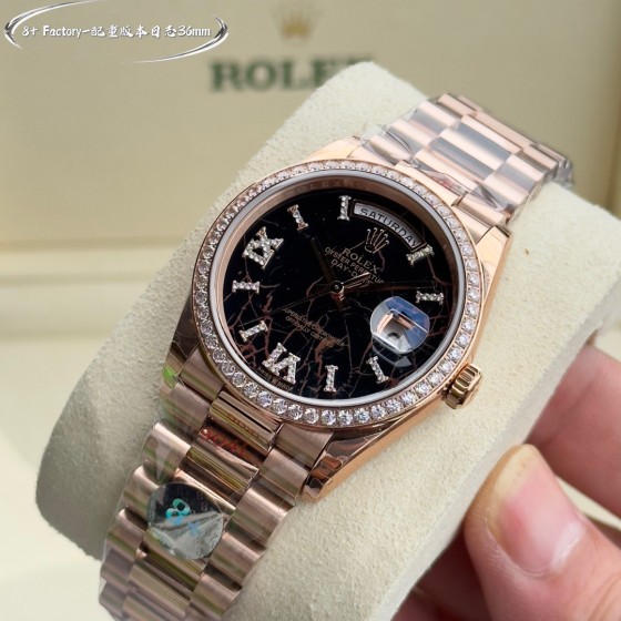 Sunday date display series women's watch with hematite-colored dial, diamond-set bezel, 36mm rose gold President-style bracelet.