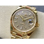 Sunday calendar series men's watch with full diamond dial, gold bezel, 40mm, gold President-style bracelet.