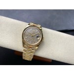 Sunday calendar series men's watch with full diamond dial, gold bezel, 40mm, gold President-style bracelet.