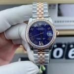 Datejust series, 31mm with purple dial and diamond setting, rose gold two-tone strap.