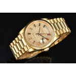 Sunday calendar series women's watch with diamond-set dial, gold bezel, 36mm case, and gold President-style bracelet.