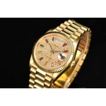 Sunday calendar series women's watch with diamond-set dial, gold bezel, 36mm case, and gold President-style bracelet.