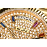 Sunday calendar series women's watch with diamond-set dial, gold bezel, 36mm case, and gold President-style bracelet.