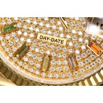 Sunday calendar series women's watch with diamond-set dial, gold bezel, 36mm case, and gold President-style bracelet.