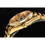 Sunday calendar series women's watch with diamond-set dial, gold bezel, 36mm case, and gold President-style bracelet.
