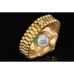 Sunday calendar series women's watch with diamond-set dial, gold bezel, 36mm case, and gold President-style bracelet.