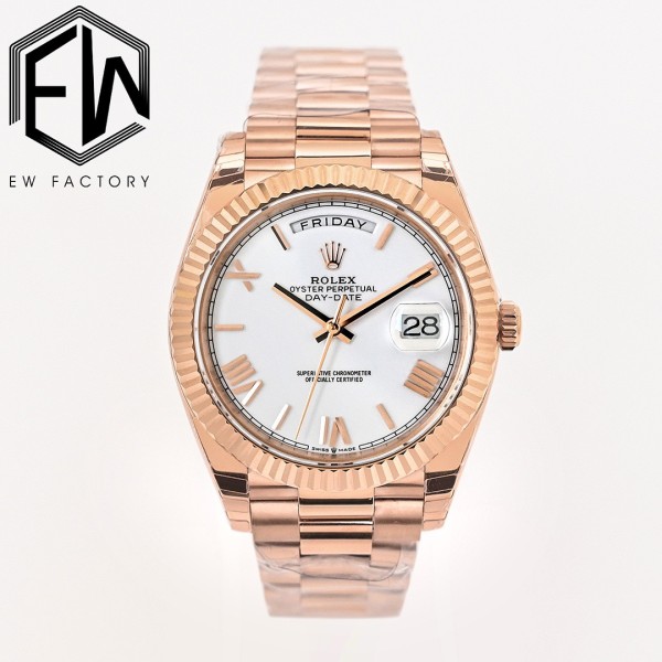 Sunday Calendar Series Men's and Women's Watches, White Dial, Rose Gold Bezel, 36mm and 40mm sizes, Rose Gold President-style Bracelet