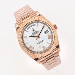 Sunday Calendar Series Men's and Women's Watches, White Dial, Rose Gold Bezel, 36mm and 40mm sizes, Rose Gold President-style Bracelet