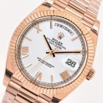 Sunday Calendar Series Men's and Women's Watches, White Dial, Rose Gold Bezel, 36mm and 40mm sizes, Rose Gold President-style Bracelet