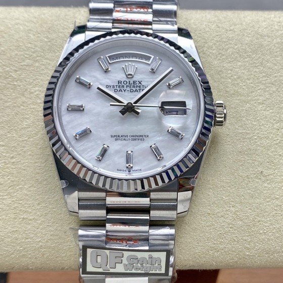 Sunday Calendar Series Men's and Women's Watches, Mother-of-pearl Dial, Silver Bezel, 36mm and 40mm sizes, Silver President-style Bracelet