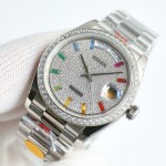 Sunday calendar series women's watch, full diamond dial, diamond-set bezel, 36mm, silver President-style bracelet.