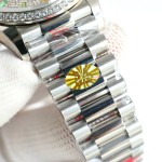 Sunday calendar series women's watch, full diamond dial, diamond-set bezel, 36mm, silver President-style bracelet.