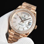 Sunday calendar series men's watch, mother-of-pearl dial, diamond-set bezel, 40mm, rose gold President-style bracelet.