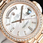 Sunday calendar series men's watch, mother-of-pearl dial, diamond-set bezel, 40mm, rose gold President-style bracelet.