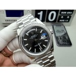Sunday calendar series men's watch, black dial, diamond-set bezel, 40mm, silver President-style bracelet.