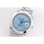 Sunday date display series men's watch, ice blue dial, silver bezel, 40mm, silver President-style bracelet.