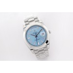 Sunday date display series men's watch, ice blue dial, silver bezel, 40mm, silver President-style bracelet.