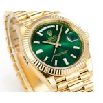 Sunday date display series men's watch, green dial, gold bezel, 40mm, gold President-style bracelet.